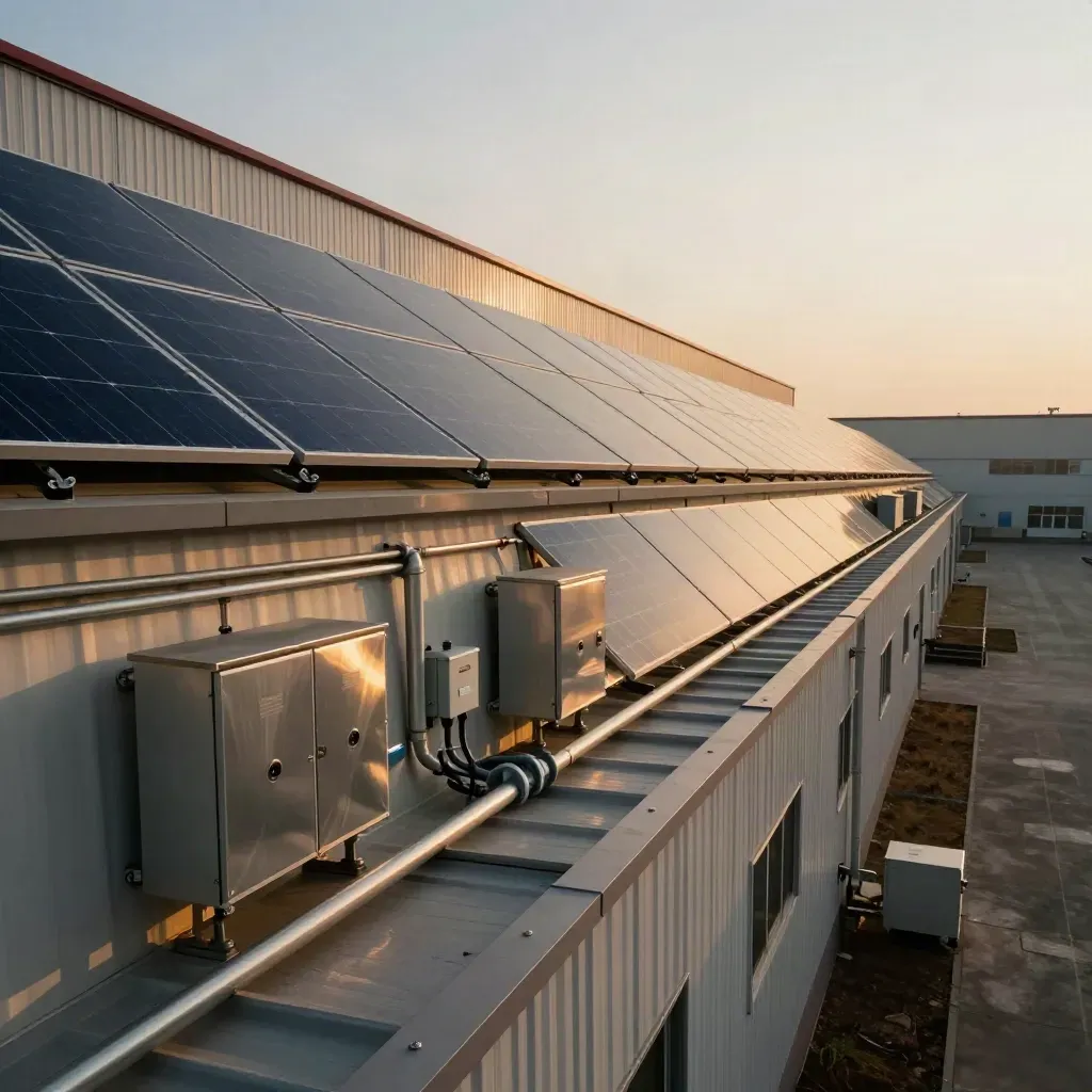 Capannone industriale con tetto fotovoltaico completo e inverter a parete al tramonto