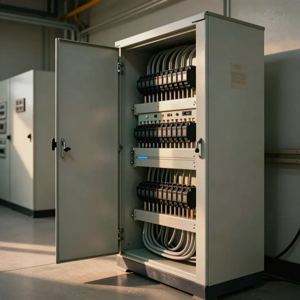 Quadro elettrico industriale aperto con canaline ordinate e calore residuo in corridoio tecnico.