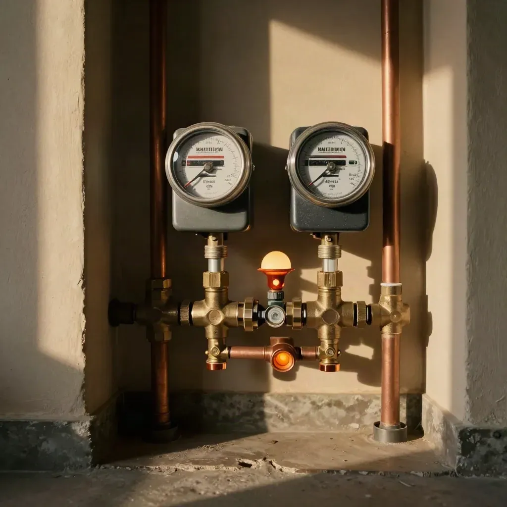 Locale tecnico con contatori luce e gas, tubazioni ordinate e luce calda laterale.