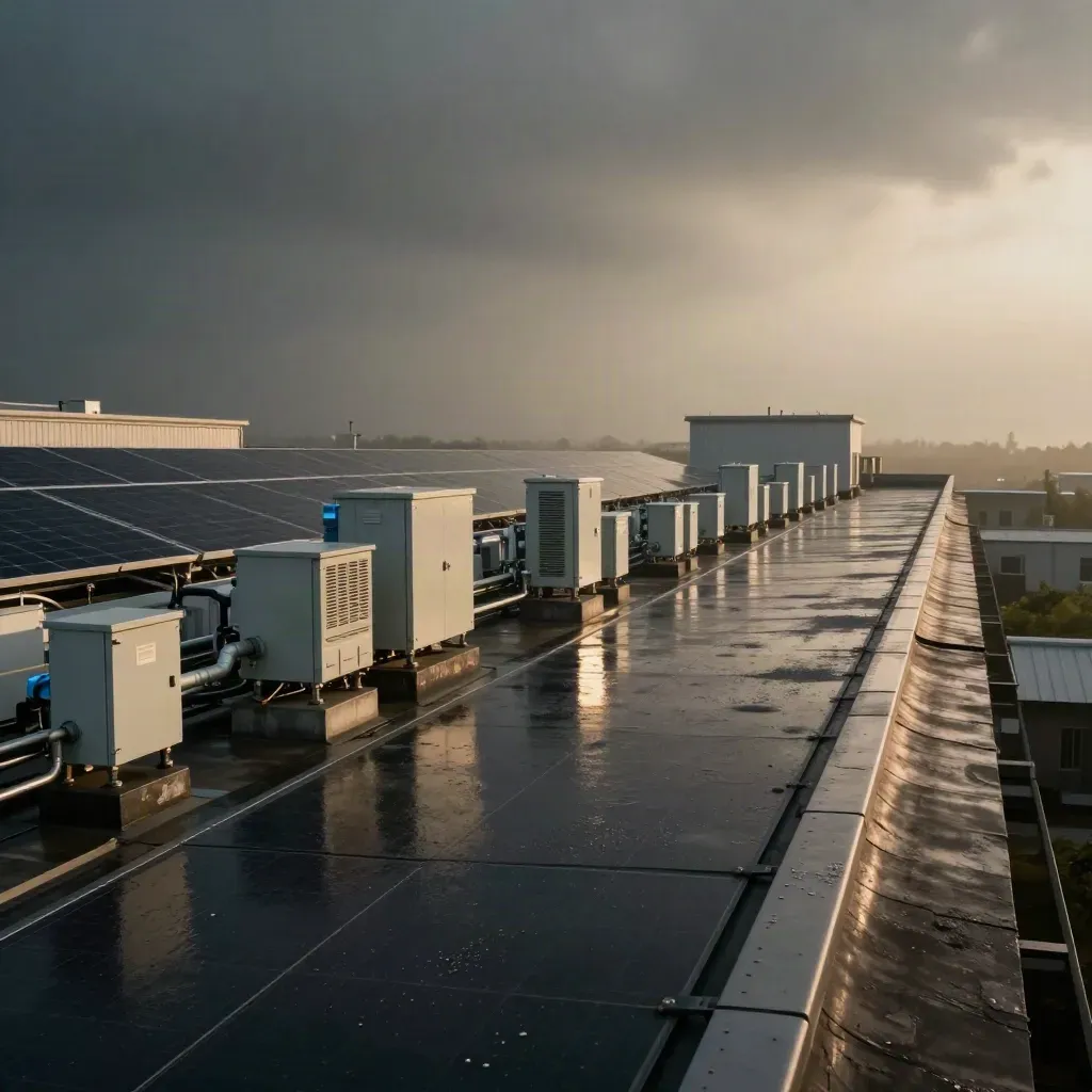 Tetto industriale con pannelli fotovoltaici bagnati, inverter e quadri elettrici nella luce dell’alba