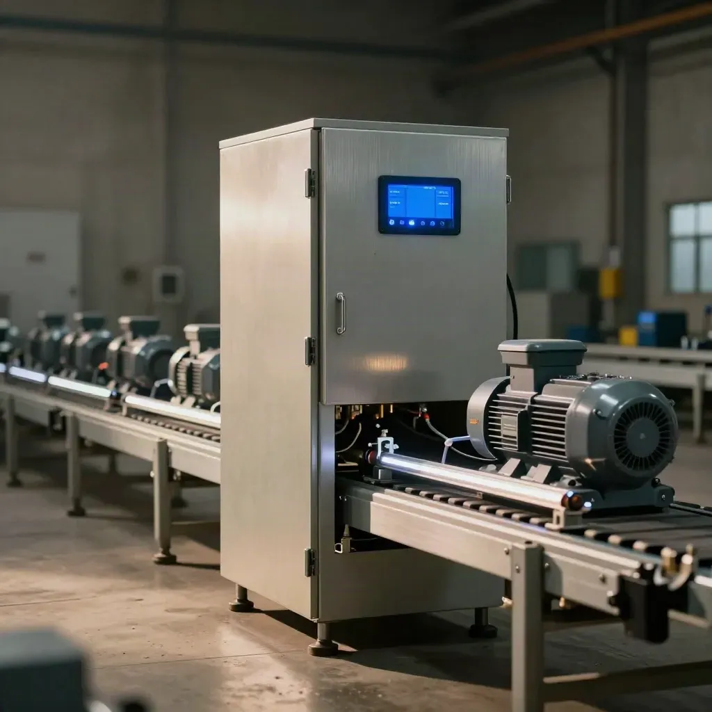 Linea industriale efficiente con armadio controllo carichi, motori e luci LED in un reparto moderno