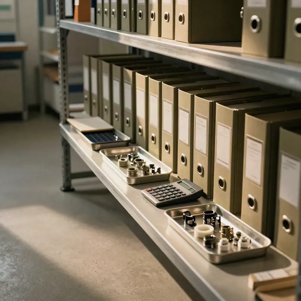 Dossier sigillati, calcolatrice industriale e componenti tecnici su banco in ambiente tecnico.