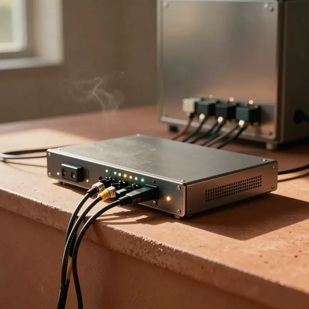 Sistema di monitoraggio consumi con gateway, sensori e led discreti su base tecnica calda.