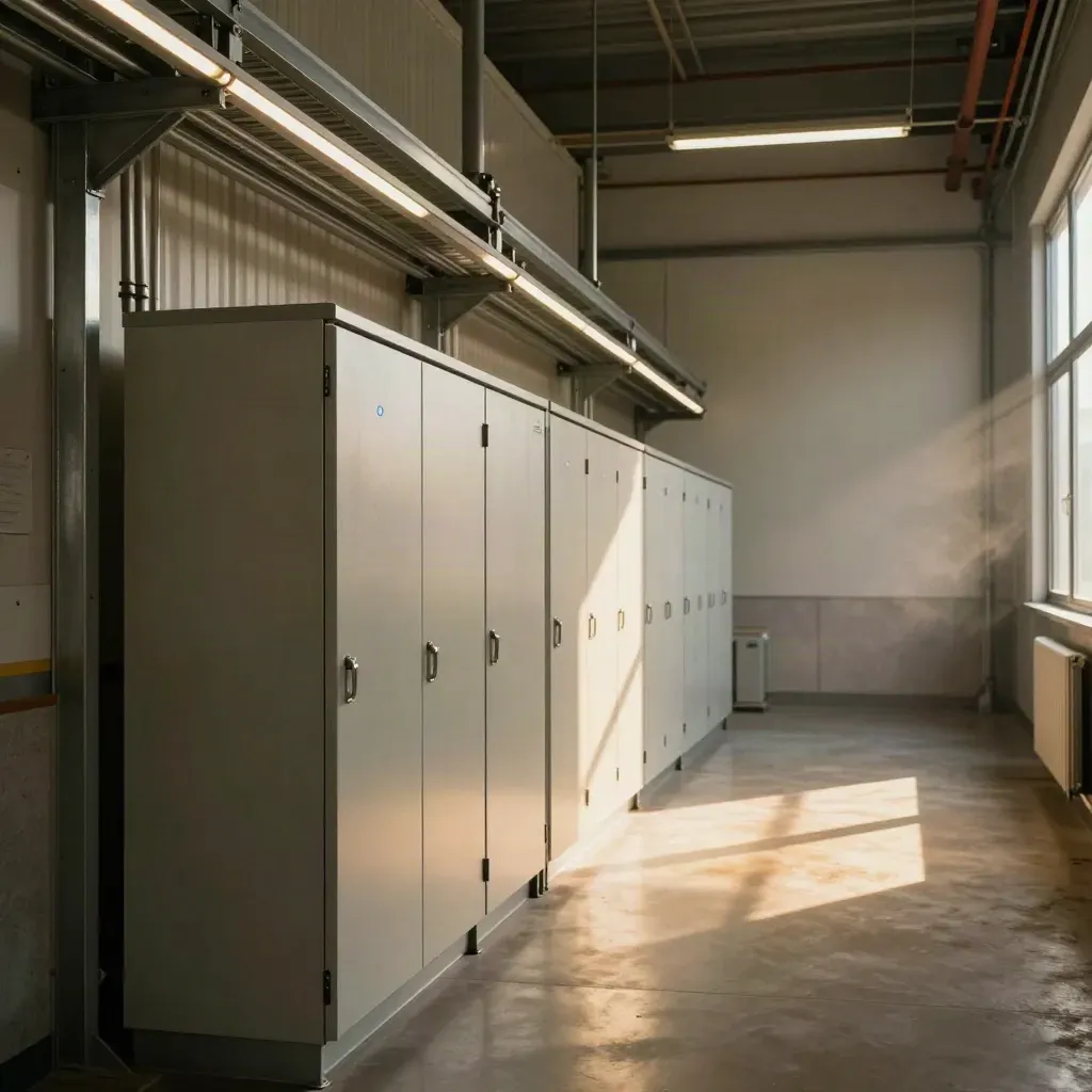 Corridoio di una PMI metalmeccanica rinnovato con LED, canaline ordinate e quadri elettrici integrati