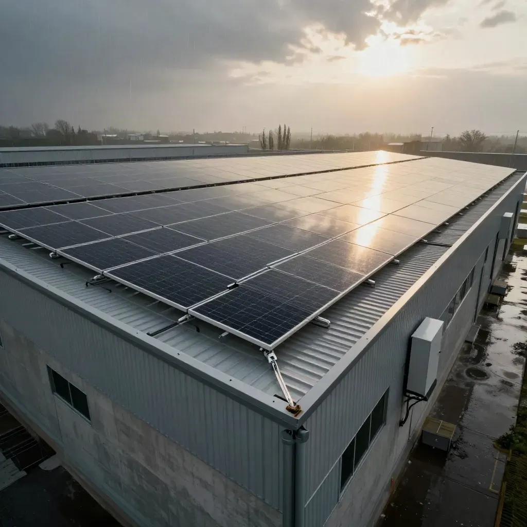 Capannone a Modena con tetto fotovoltaico finito dopo la pioggia