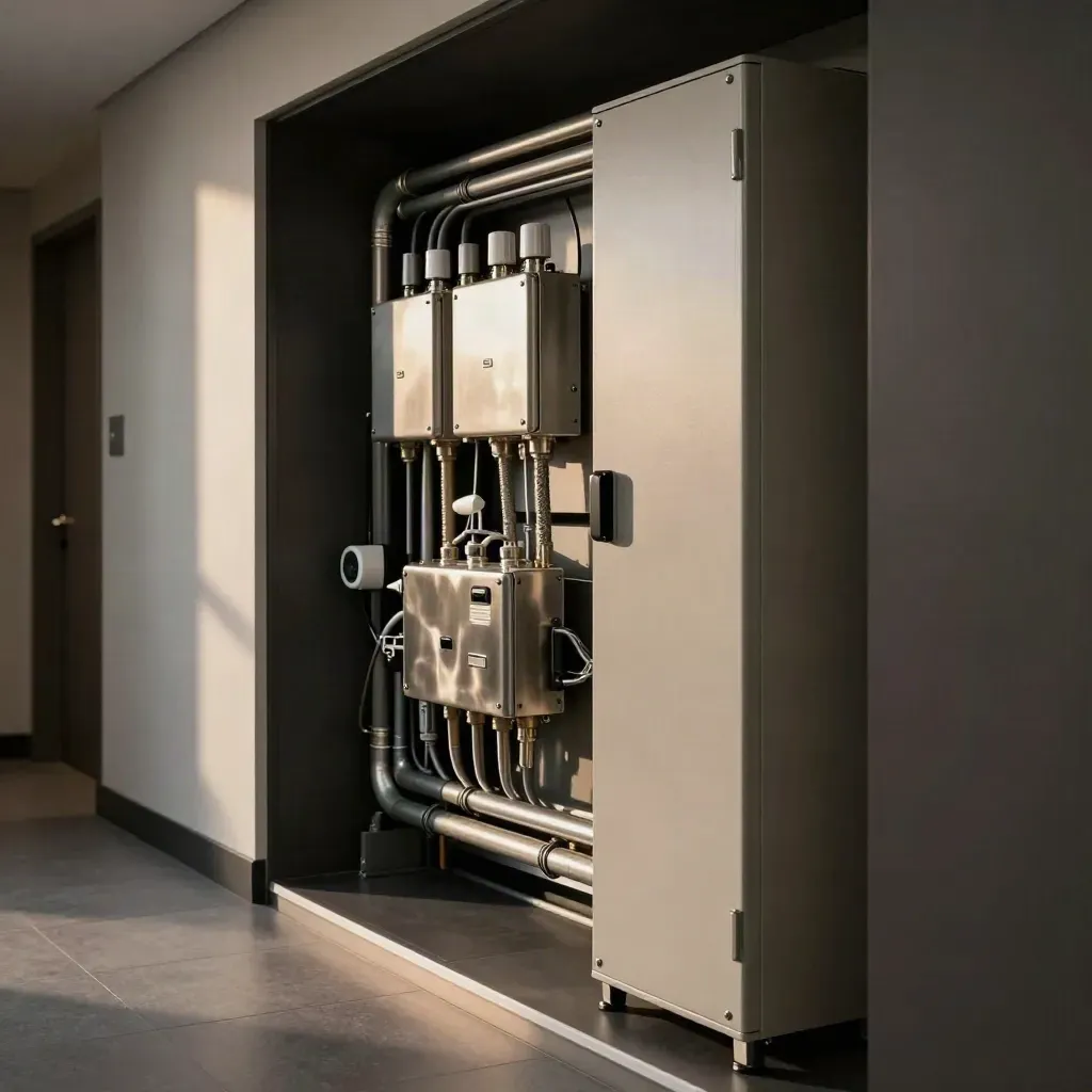 Locale tecnico di un hotel con gateway di monitoraggio, manifold ordinati e sensori nel buio