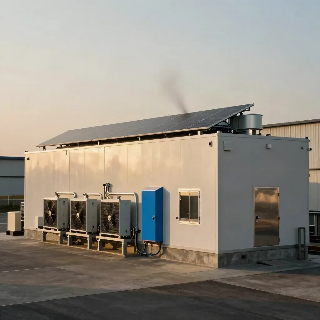Capannone food con tetto fotovoltaico e frigoriferi efficienti, ripreso dal piazzale al tramonto.