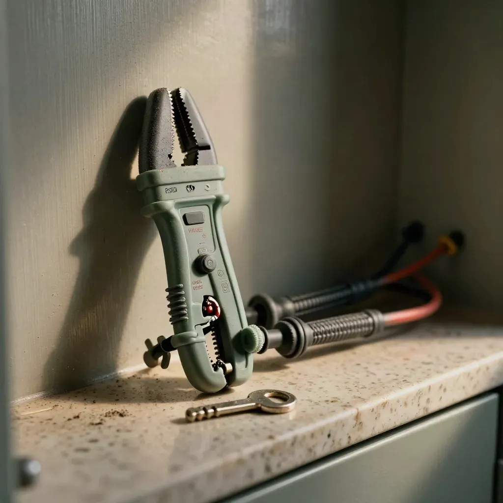 Amperometro a pinza, cavi rinforzati e chiave contatori su ledge in travertino