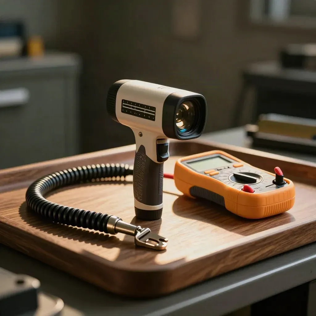 Termocamera, borescopio e multimetro su banco tecnico scuro, in luce drammatica.
