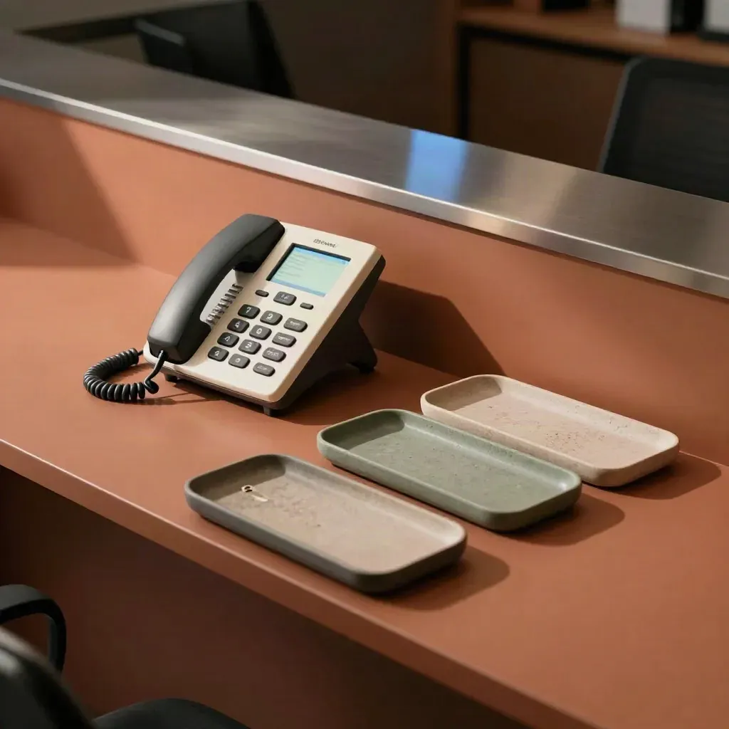 Telefono da scrivania, base headset e vassoi clienti su banco caldo in luce morbida