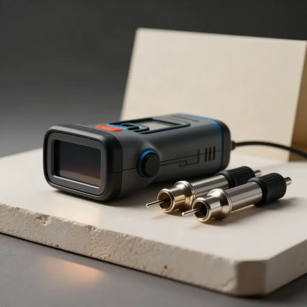 Termocamera, tester e sonde su plaster chiaro, luce laterale morbida.