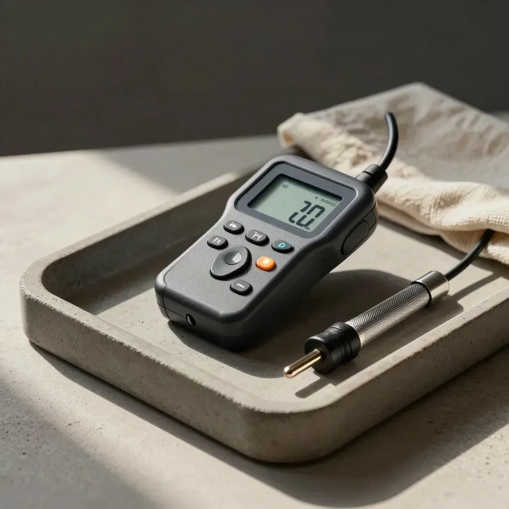 Still life con data logger, spina di prova e strumenti di calibrazione su vassoio in pietra.