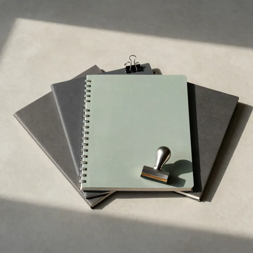 Flatlay dall’alto di divisori, cartelle chiuse, timbro metallico e clip su pietra chiara
