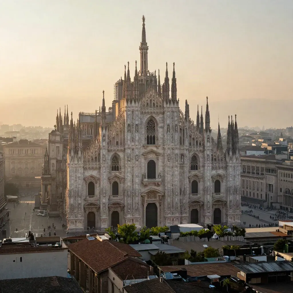 Veduta di Milano all’alba, Duomo alto nella foschia sopra tetti e volumi urbani.