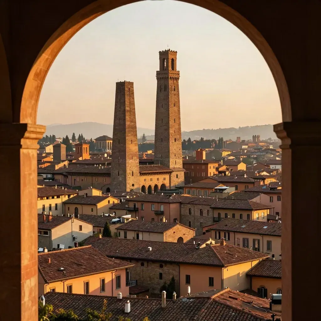 Le Due Torri di Bologna al tramonto sopra i portici e i tetti ocra.