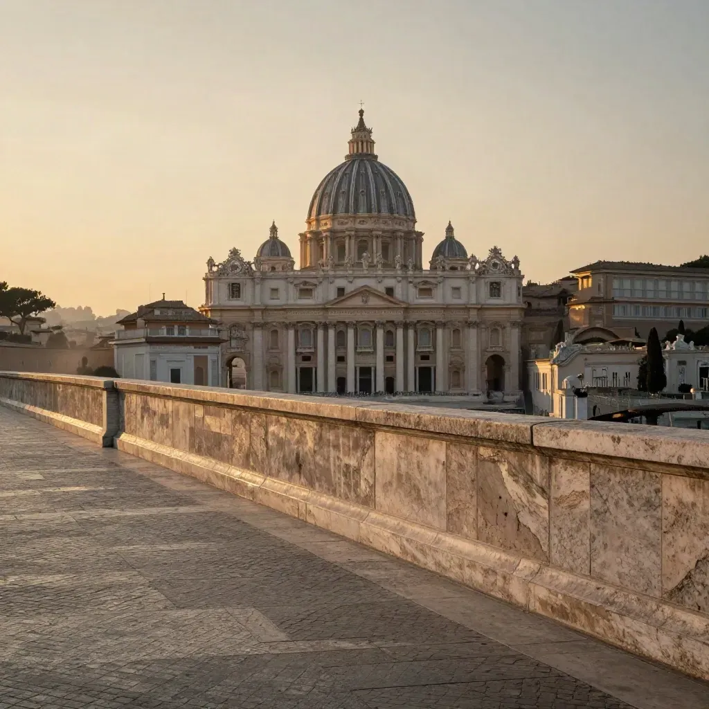 Cupola di San Pietro alta sullo skyline di Roma con terrazza in travertino e luce del tramonto.