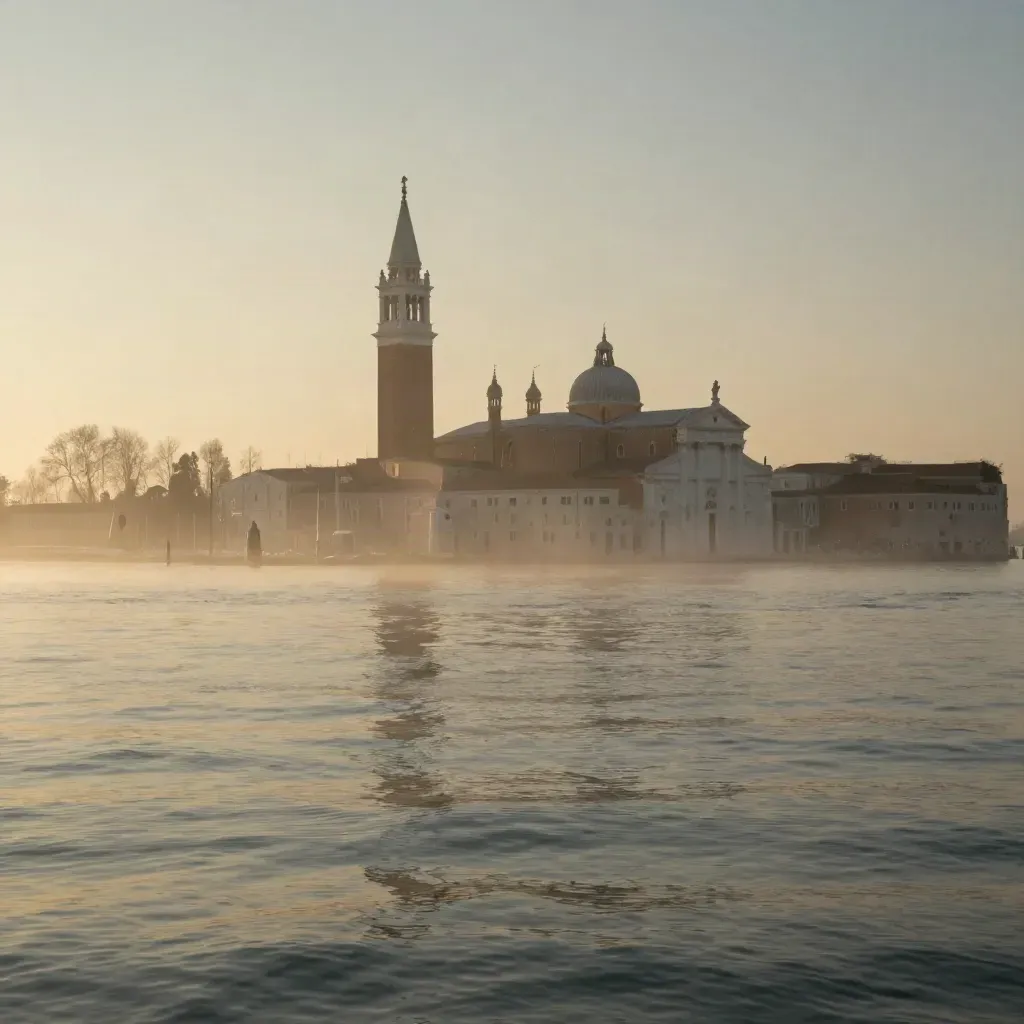 Laguna di Venezia all’alba con campanile alto, acqua calma e nebbia salata.